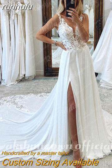 runhufu A-Line Split Chiffon Illusion Bodice Backless Beach Wedding Dresses for Women Appliques Summer Boho Bride Dress